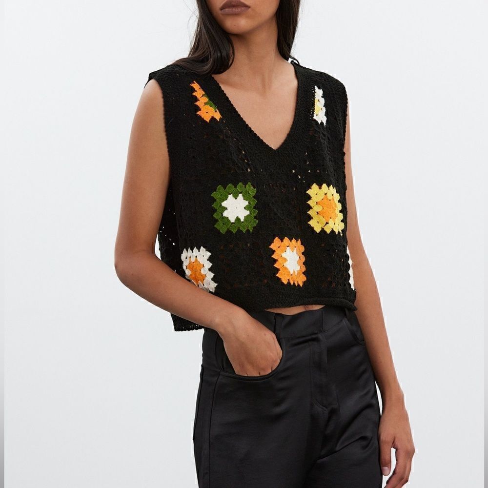 NWT Rebellion Open Crocheted Vest Black Grannycore Crop Top